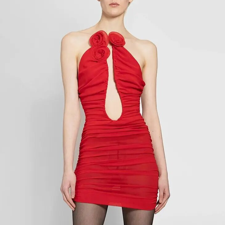 KEYNAMY RED MINI DRESS DEEP NECK LINE with ROSES
