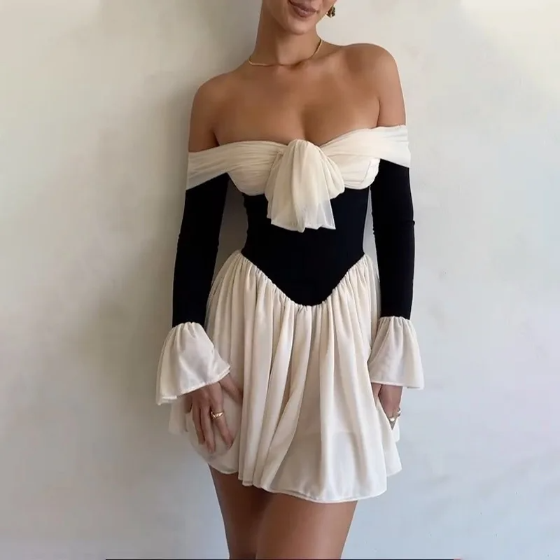 AKKALY RUFFLES LONG SLEEVE OFF SHOULDER MINI DRESS