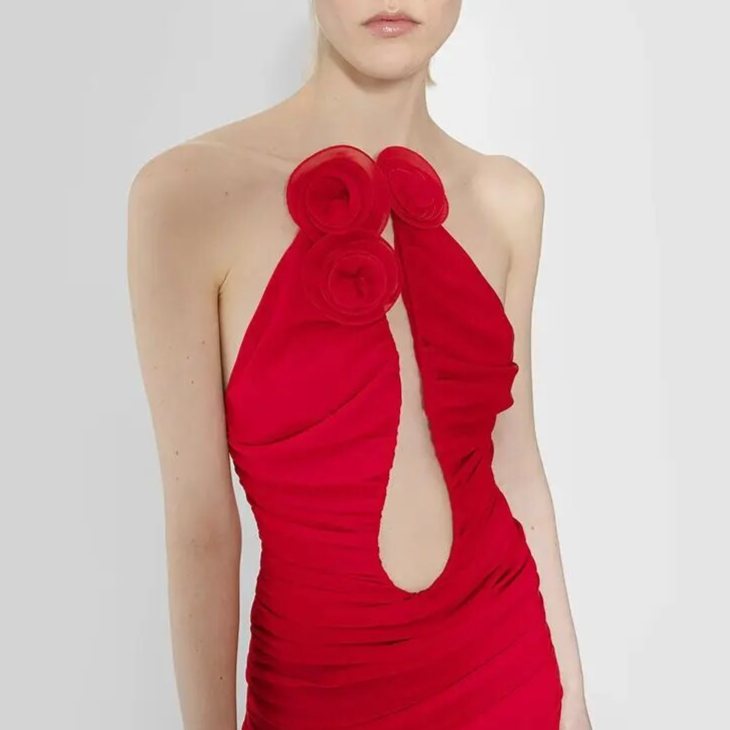 KEYNAMY RED MINI DRESS DEEP NECK LINE with ROSES