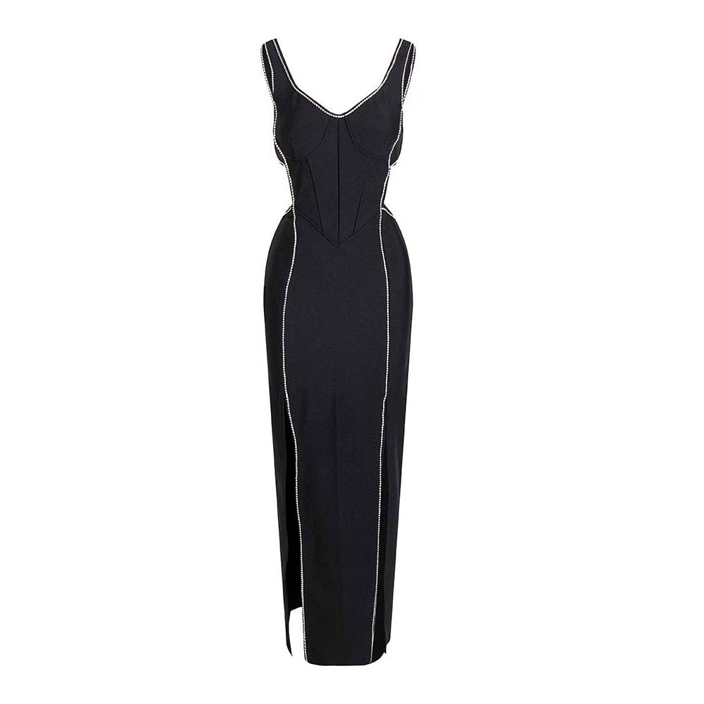 JULIETTE V NECK CRYSTAL SIDE SLIT BLACK MAXI DRESS
