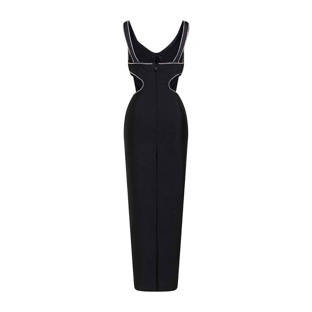 JULIETTE V NECK CRYSTAL SIDE SLIT BLACK MAXI DRESS