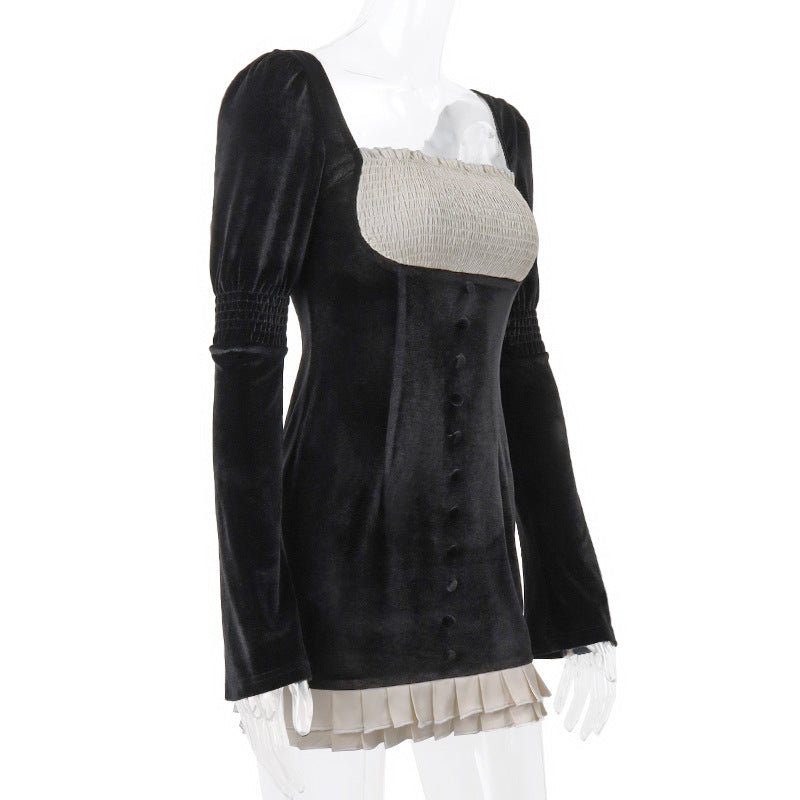 AKKA SQUARE NECK PLEATED LONG SLEEVE MINI DRESS