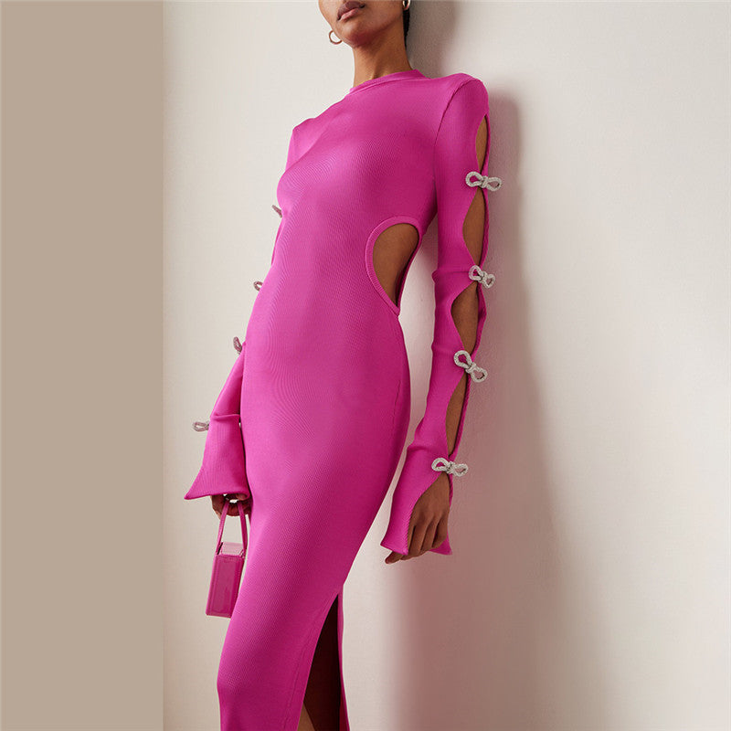 ROSELYN PINK HOLLOW OUT DRESS with CRYSTAL BOWS