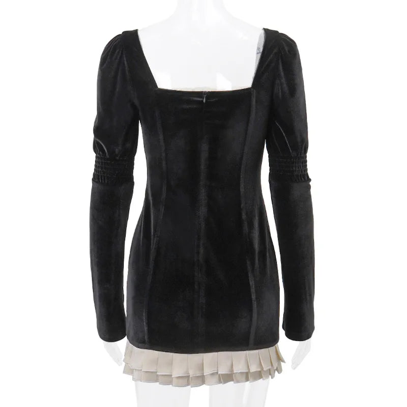 AKKA SQUARE NECK PLEATED LONG SLEEVE MINI DRESS