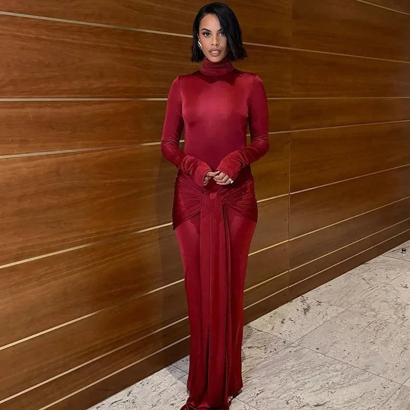 OLVY HIGH NECK LONG SLEEVE MAXI DRESS with TRAIN