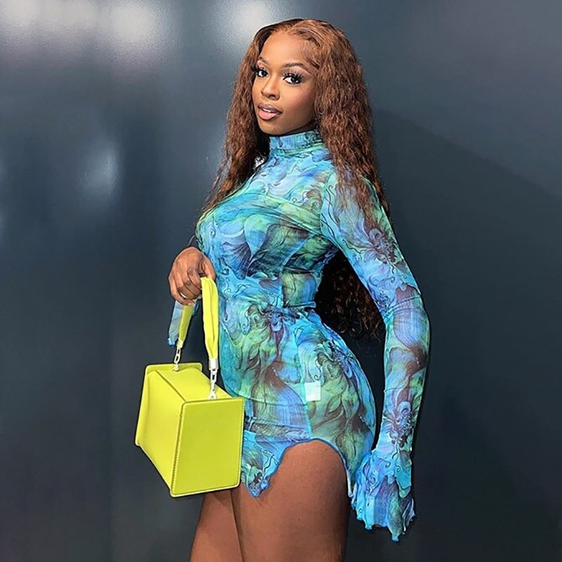 HADASSAH PRINTED MESH LONG SLEEVE MINI DRESS