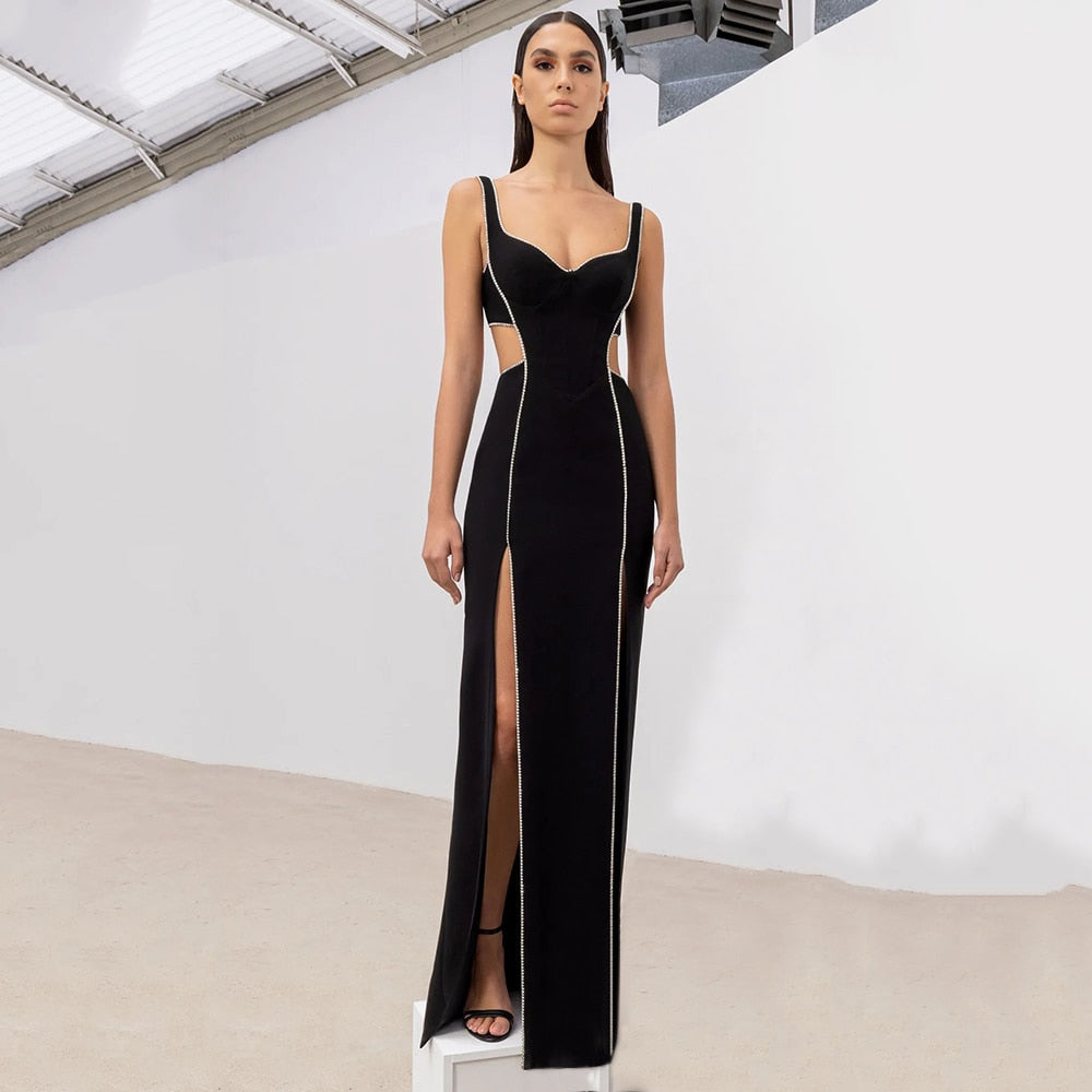 JULIETTE V NECK CRYSTAL SIDE SLIT BLACK MAXI DRESS