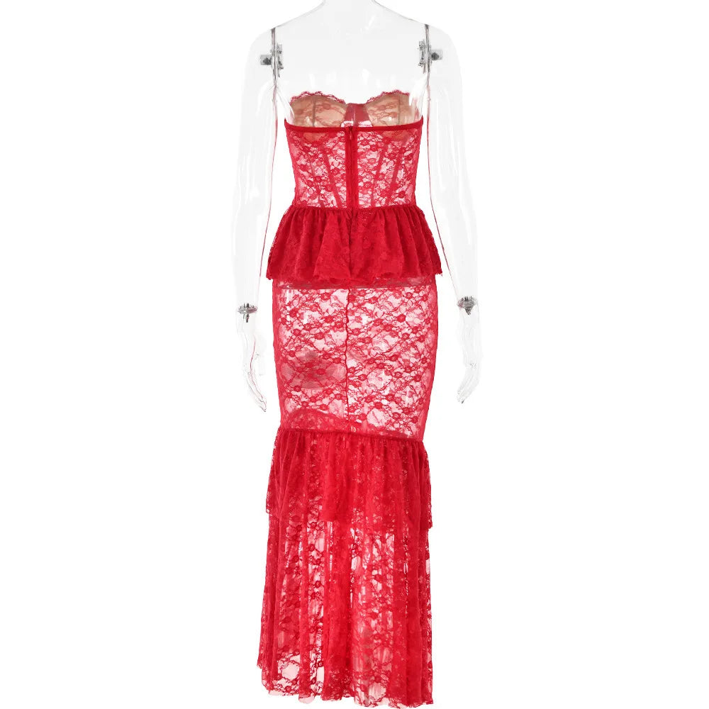 LACE RUFFLE EDGE MAXI DRESS