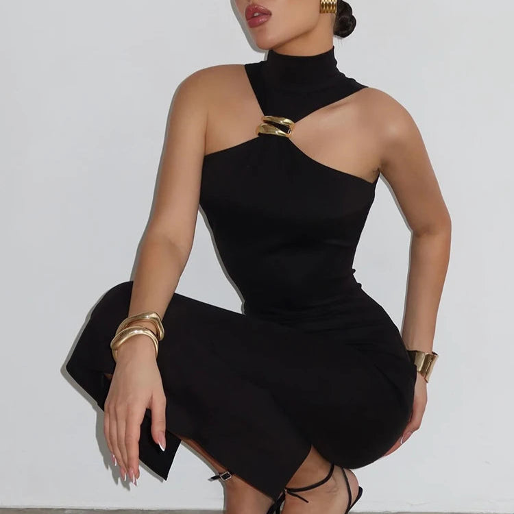 TURTLENECK OFF-SHOULDER BLACK MIDI DRESS