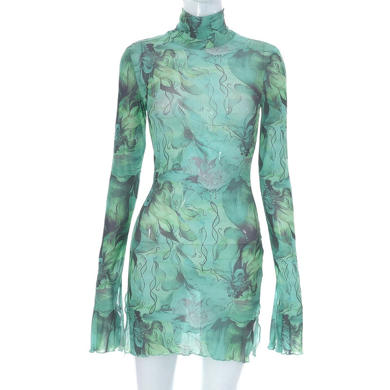 HADASSAH PRINTED MESH LONG SLEEVE MINI DRESS