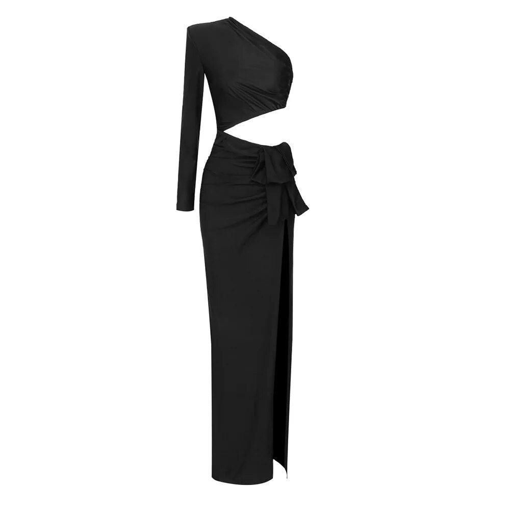 ALIA MAXI BLACK ONE SHOULDER HIGHT SLIT CUT OUT DRESS