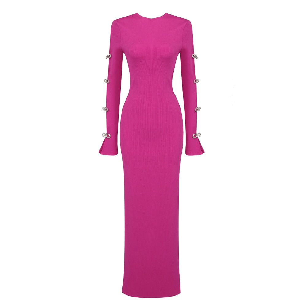 ROSELYN PINK HOLLOW OUT DRESS with CRYSTAL BOWS