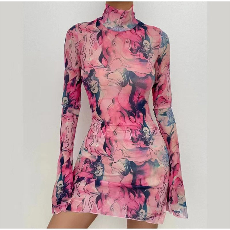 HADASSAH PRINTED MESH LONG SLEEVE MINI DRESS