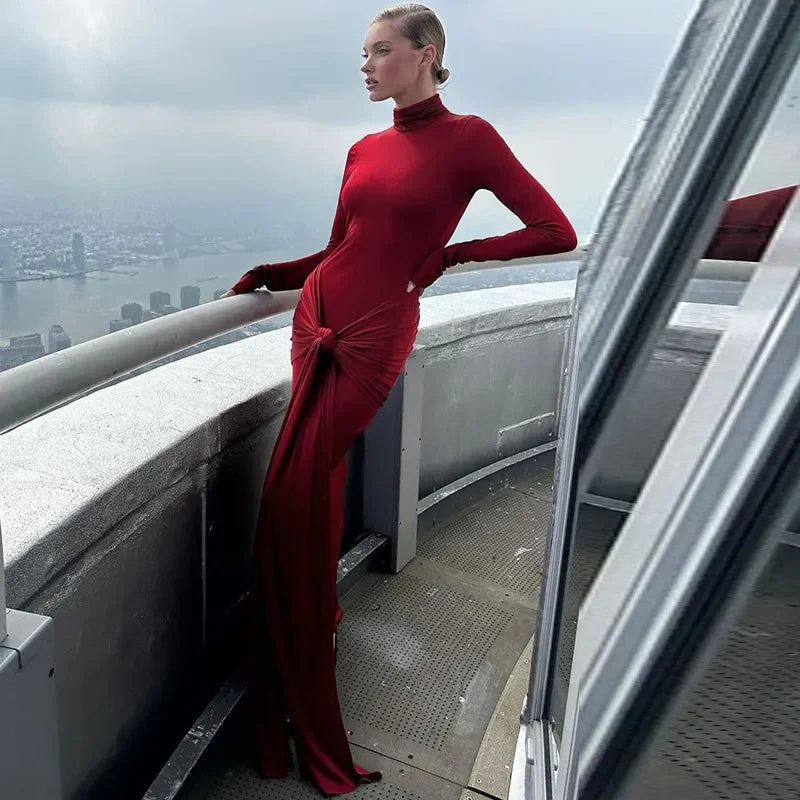 OLVY HIGH NECK LONG SLEEVE MAXI DRESS with TRAIN