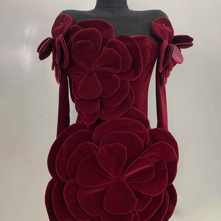 PATCHWORK FLOWER VELVET MINI DRESS with SLEEVES