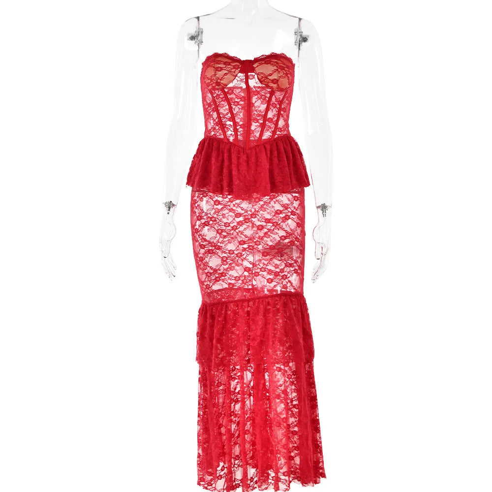 LACE RUFFLE EDGE MAXI DRESS