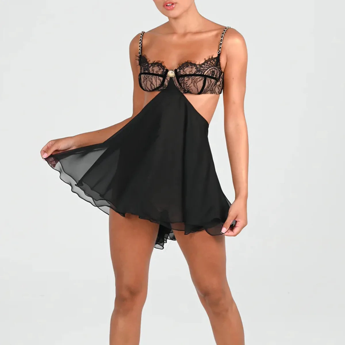 CHIFFON LACE HOLLOW OUT MINI DRESS