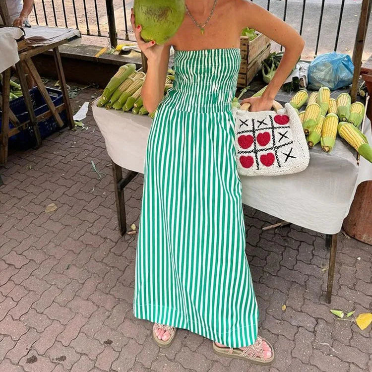 GREEN STRIPLESS SUMMER MAXI DRESS