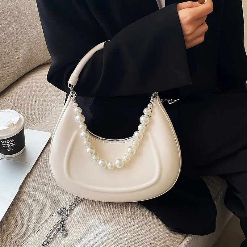 AMYRA CURVED HANDBAG with PEARLS