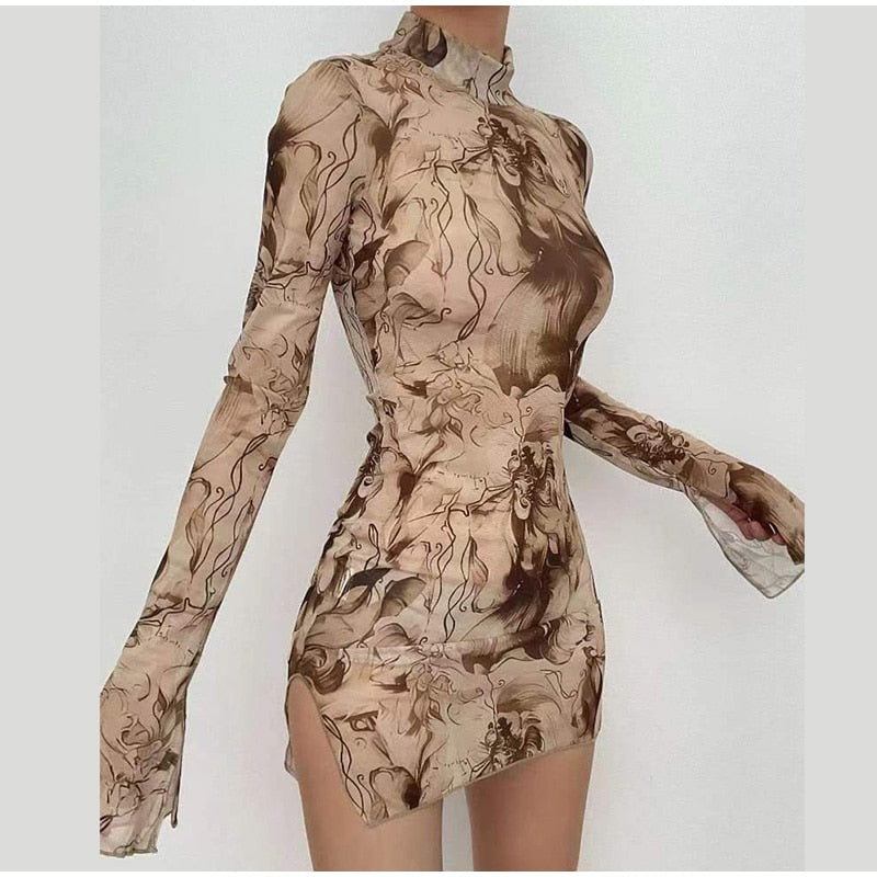 HADASSAH PRINTED MESH LONG SLEEVE MINI DRESS