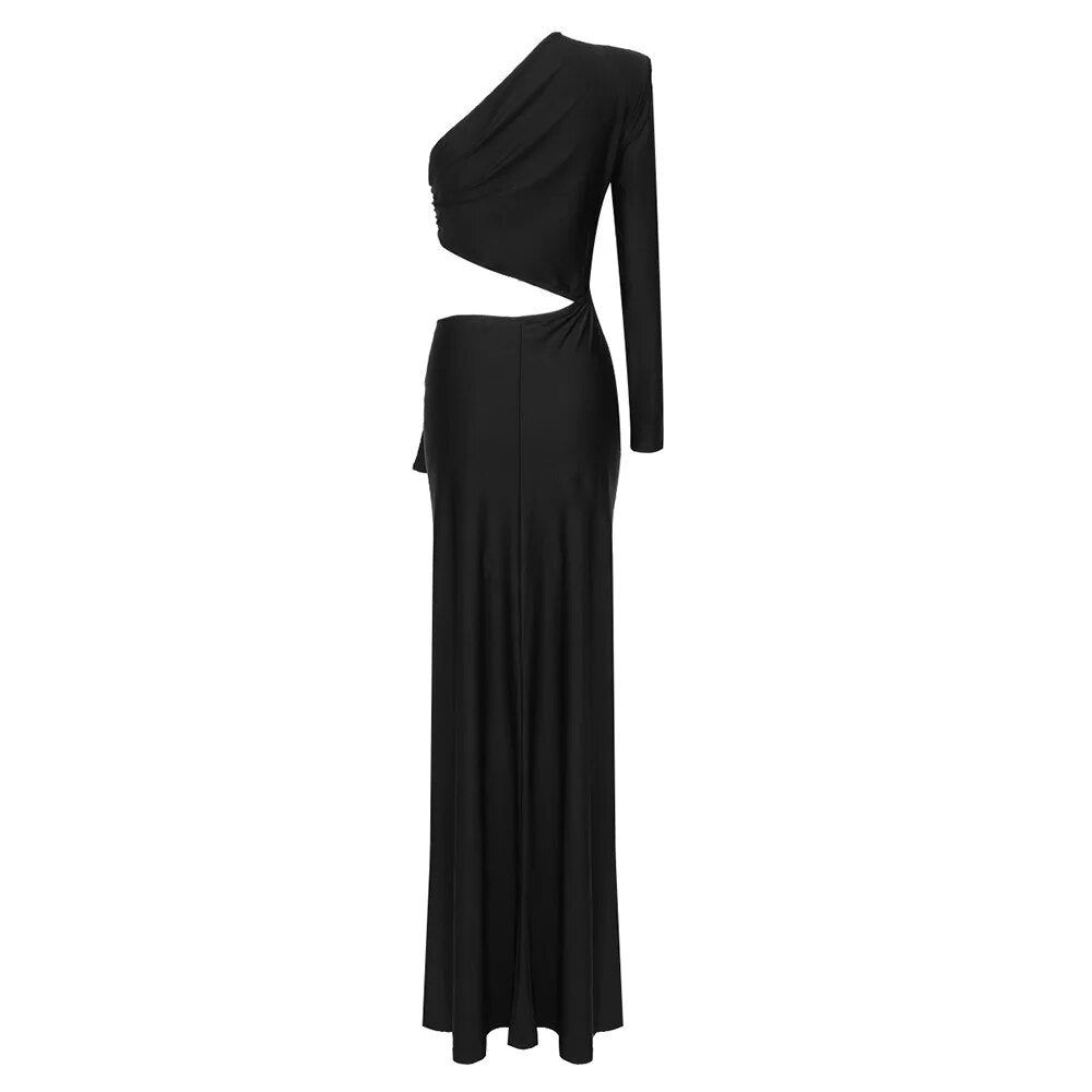 ALIA MAXI BLACK ONE SHOULDER HIGHT SLIT CUT OUT DRESS