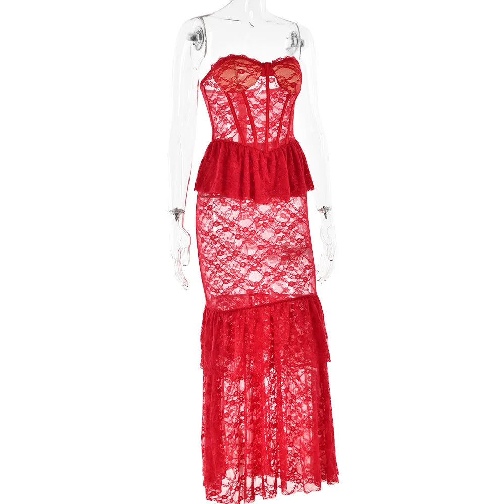 LACE RUFFLE EDGE MAXI DRESS