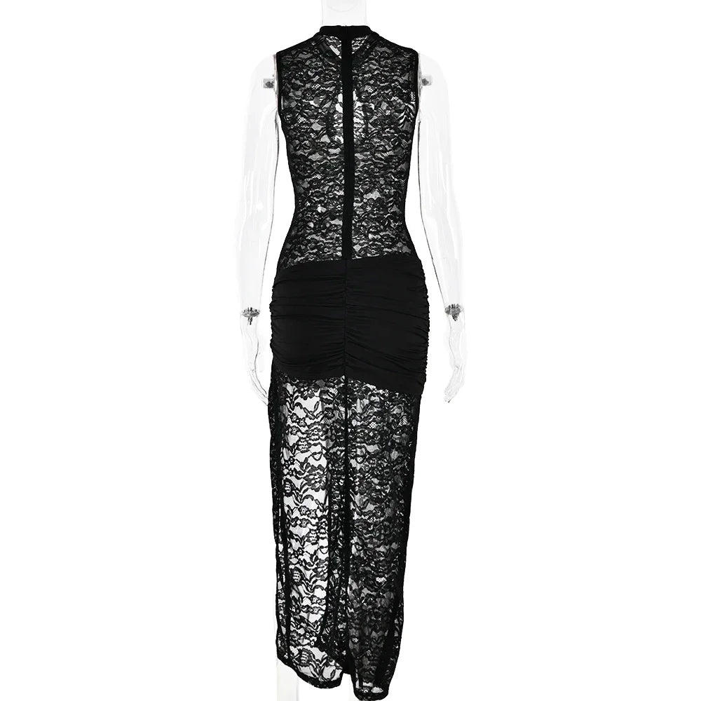HOLLOW OUT HIGH SLIT LACE MAXI DRESS
