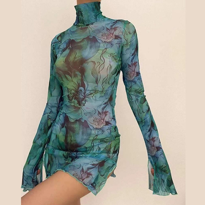 HADASSAH PRINTED MESH LONG SLEEVE MINI DRESS
