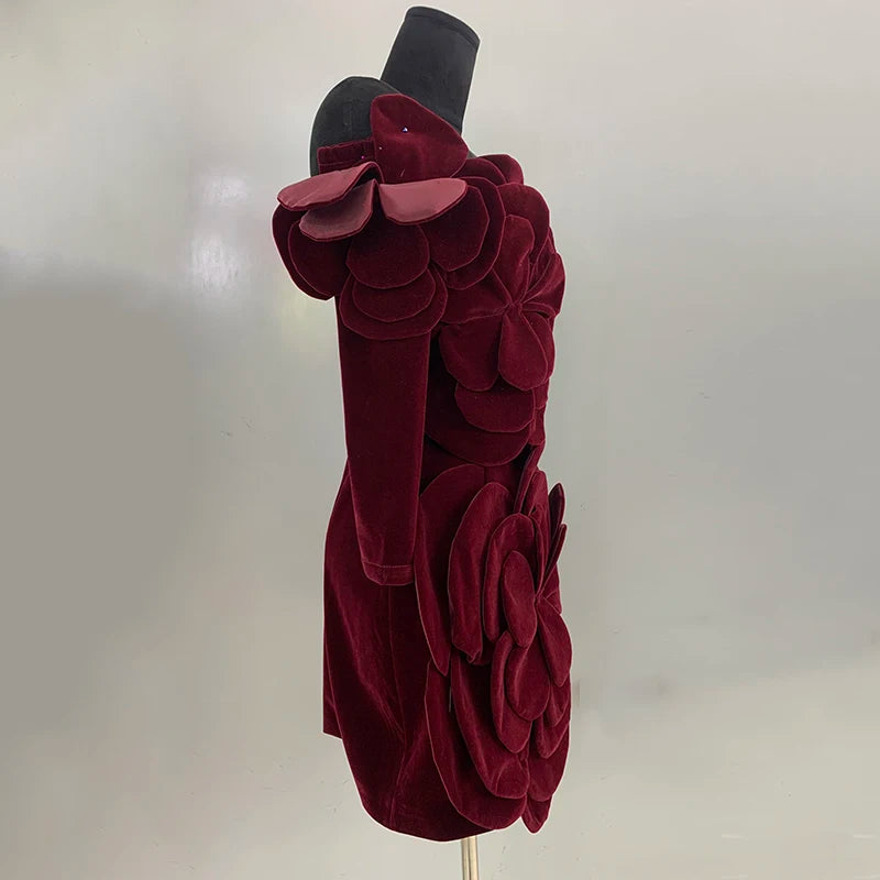 PATCHWORK FLOWER VELVET MINI DRESS with SLEEVES
