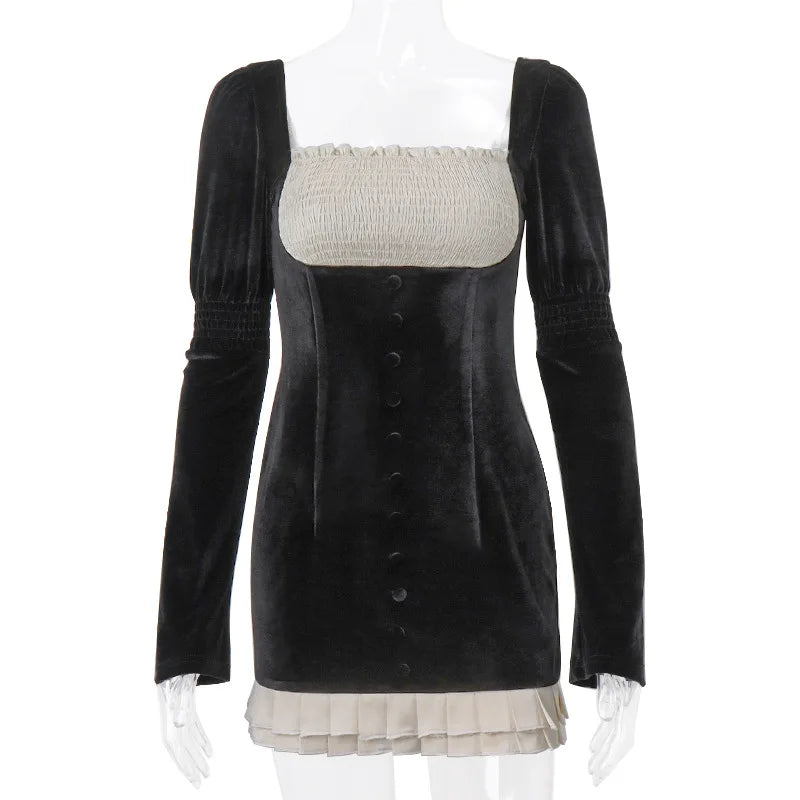 AKKA SQUARE NECK PLEATED LONG SLEEVE MINI DRESS