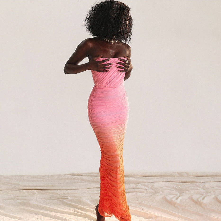 ASHYMMA PINK ORANGE GRADIENT BODYCON MAXI DRESS