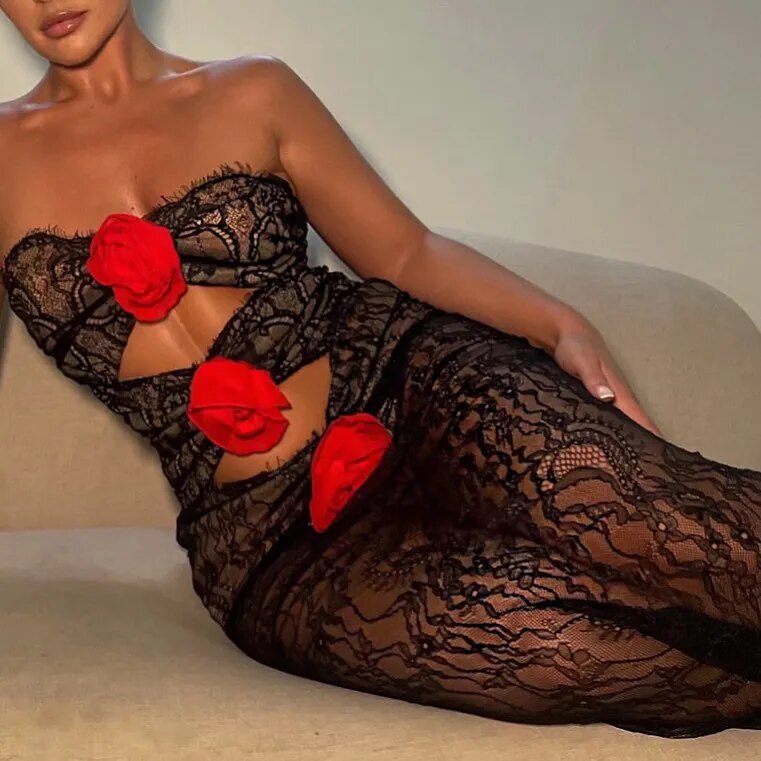 ACHEYA CUT OUT SLEEVELESS LACE MAXI DRESS