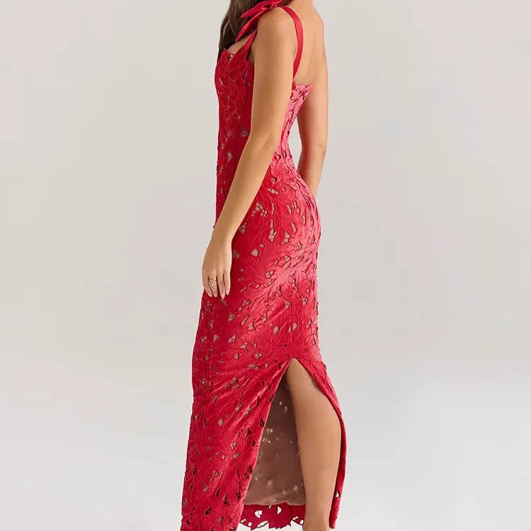 BOWS STRAPS LACE MAXI DRESS