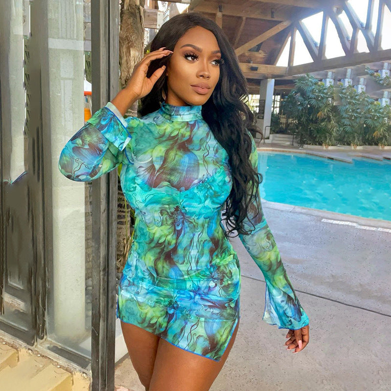 HADASSAH PRINTED MESH LONG SLEEVE MINI DRESS