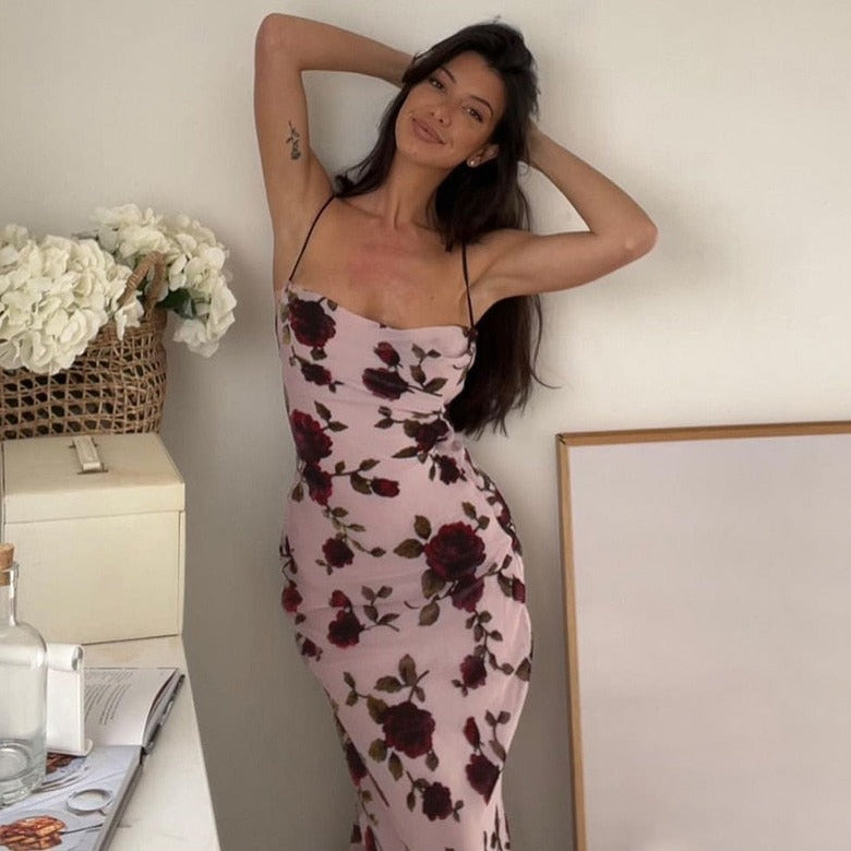 JAZMIN ROSE PRINT BACKLESS LACE UP MAXI DRESS