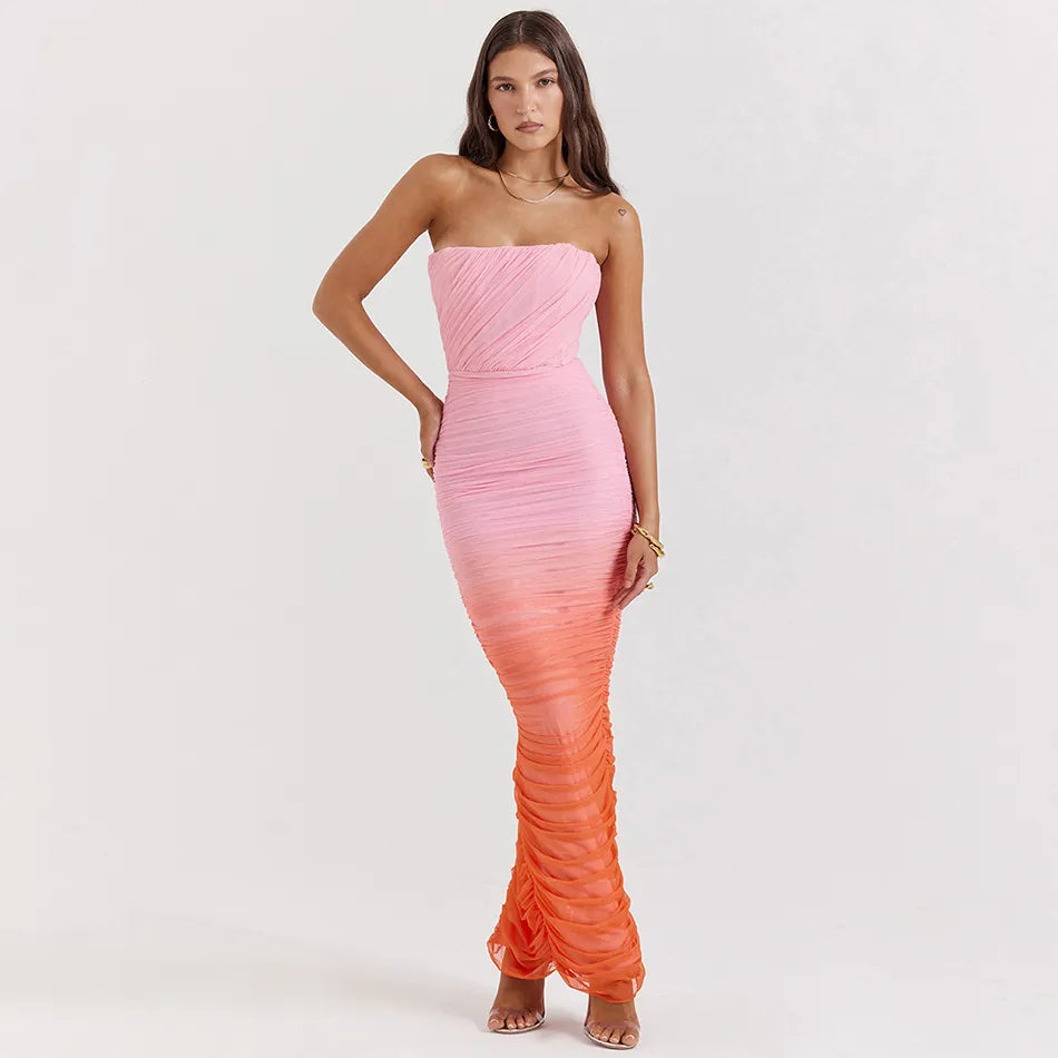 ASHYMMA PINK ORANGE GRADIENT BODYCON MAXI DRESS