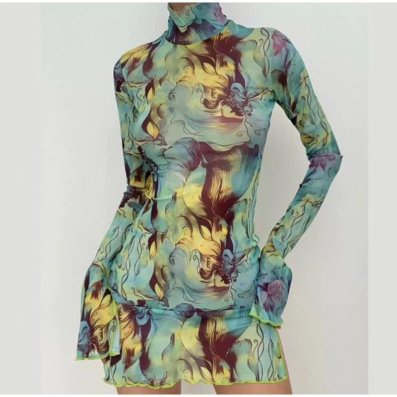HADASSAH PRINTED MESH LONG SLEEVE MINI DRESS