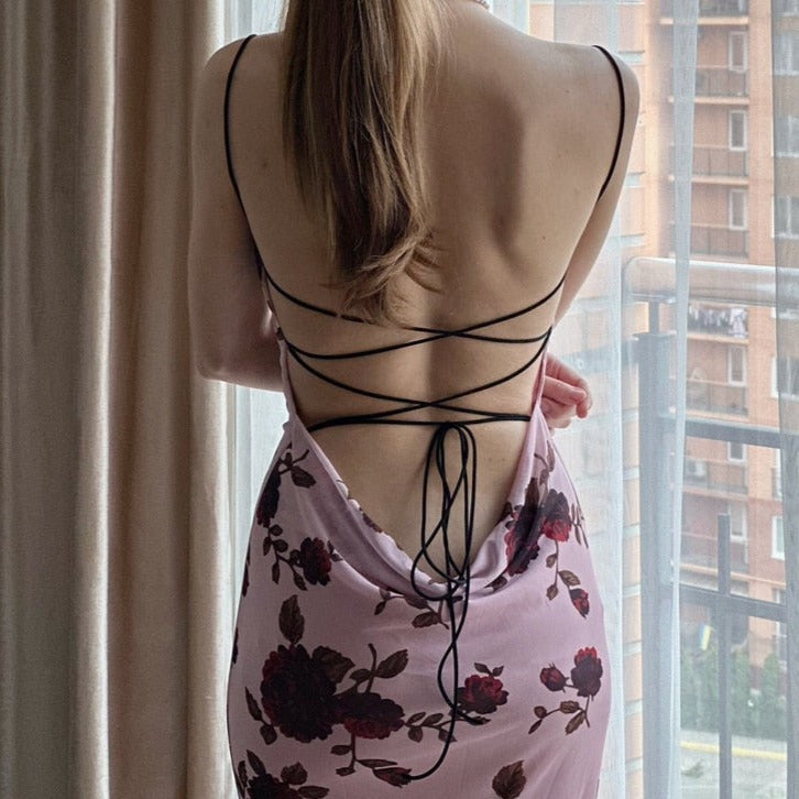 JAZMIN ROSE PRINT BACKLESS LACE UP MAXI DRESS