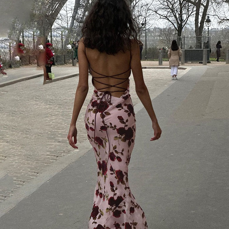 JAZMIN ROSE PRINT BACKLESS LACE UP MAXI DRESS