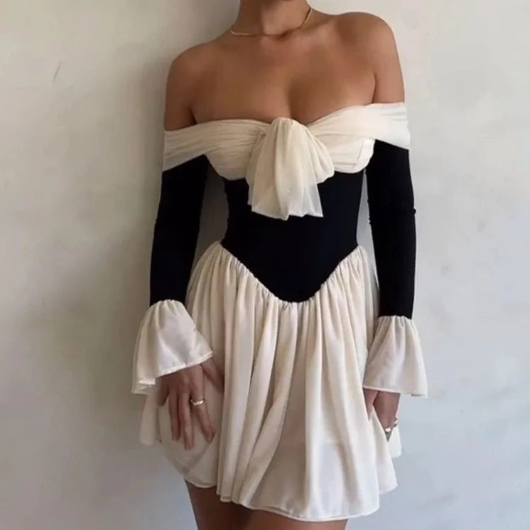 AKKALY RUFFLES LONG SLEEVE OFF SHOULDER MINI DRESS