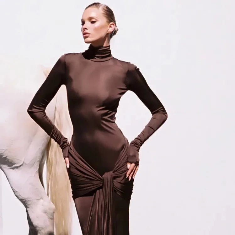 OLVY HIGH NECK LONG SLEEVE MAXI DRESS with TRAIN