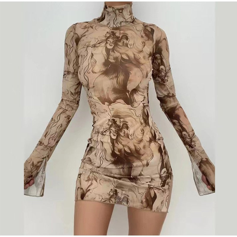 HADASSAH PRINTED MESH LONG SLEEVE MINI DRESS