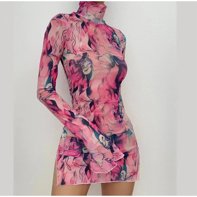 HADASSAH PRINTED MESH LONG SLEEVE MINI DRESS