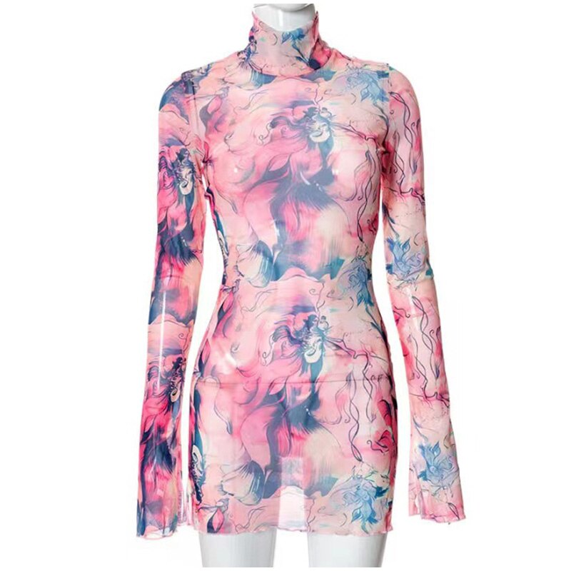 HADASSAH PRINTED MESH LONG SLEEVE MINI DRESS