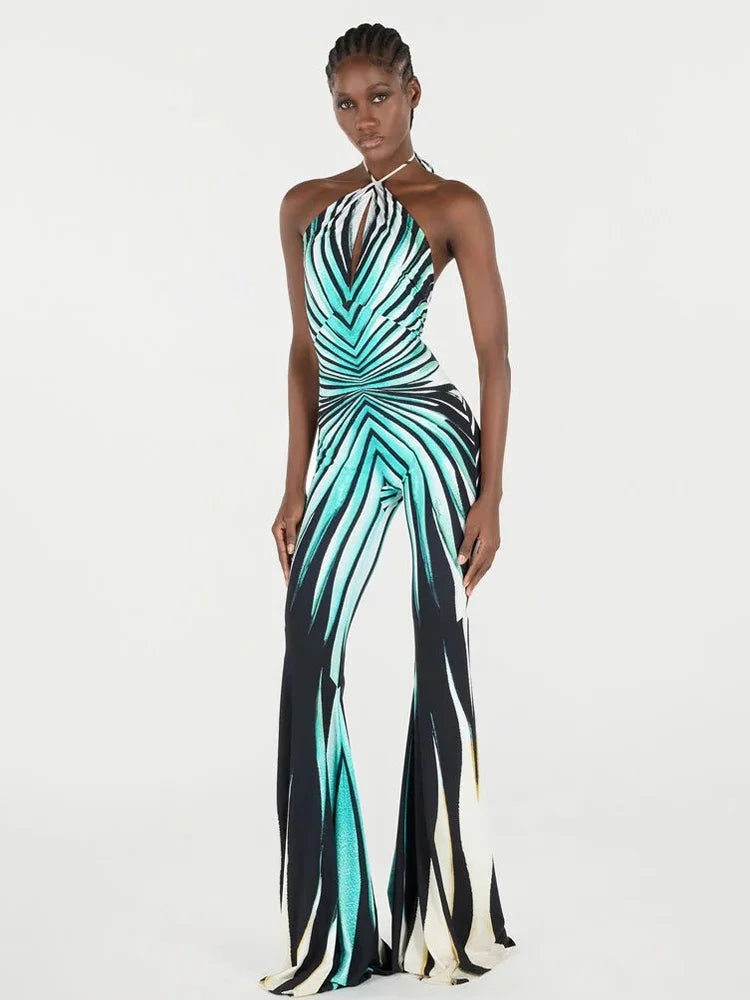 Halter neck striped jumpsuit with bold geometric print and flared pants