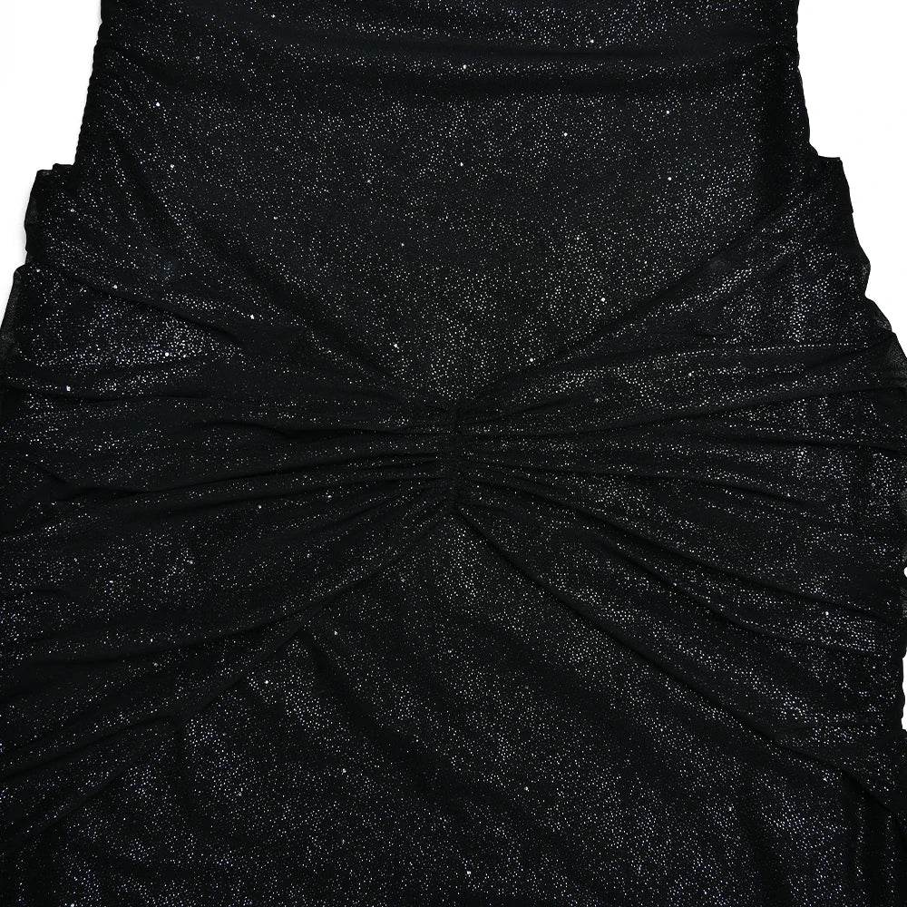 DENCA GLITTER MESH PLEATED MAXI DRESS