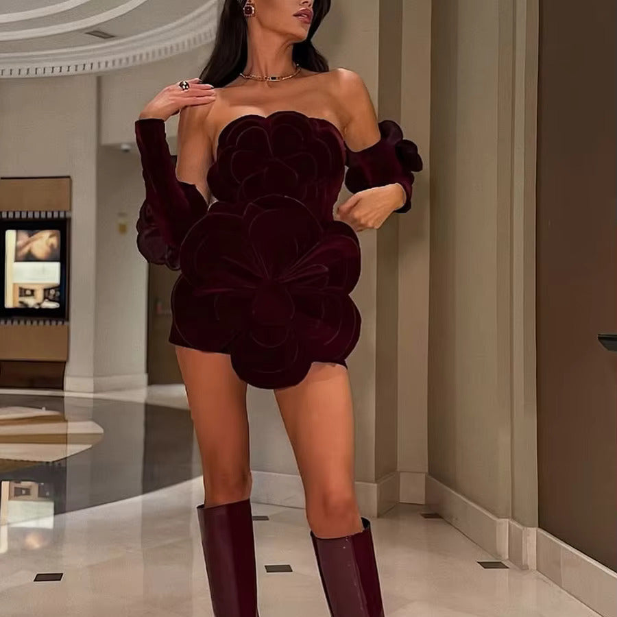 PATCHWORK FLOWER VELVET MINI DRESS with SLEEVES