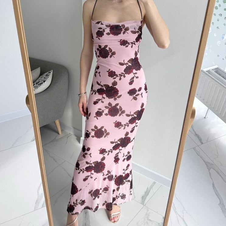 JAZMIN ROSE PRINT BACKLESS LACE UP MAXI DRESS