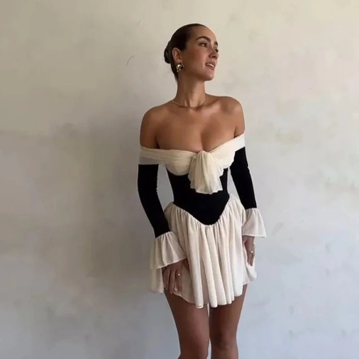 AKKALY RUFFLES LONG SLEEVE OFF SHOULDER MINI DRESS