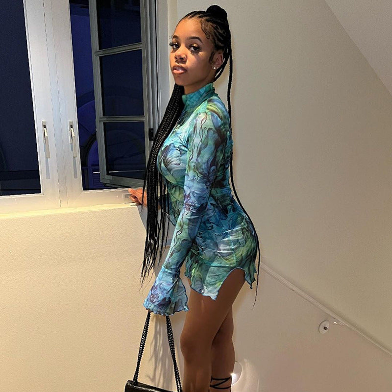 HADASSAH PRINTED MESH LONG SLEEVE MINI DRESS